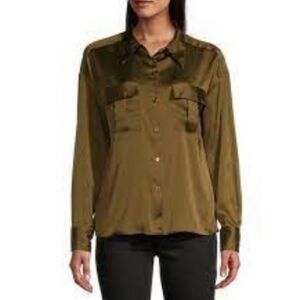 Worthington Olive Green Long-Sleeve Satin Utility Button-up Top Plus Size 0x